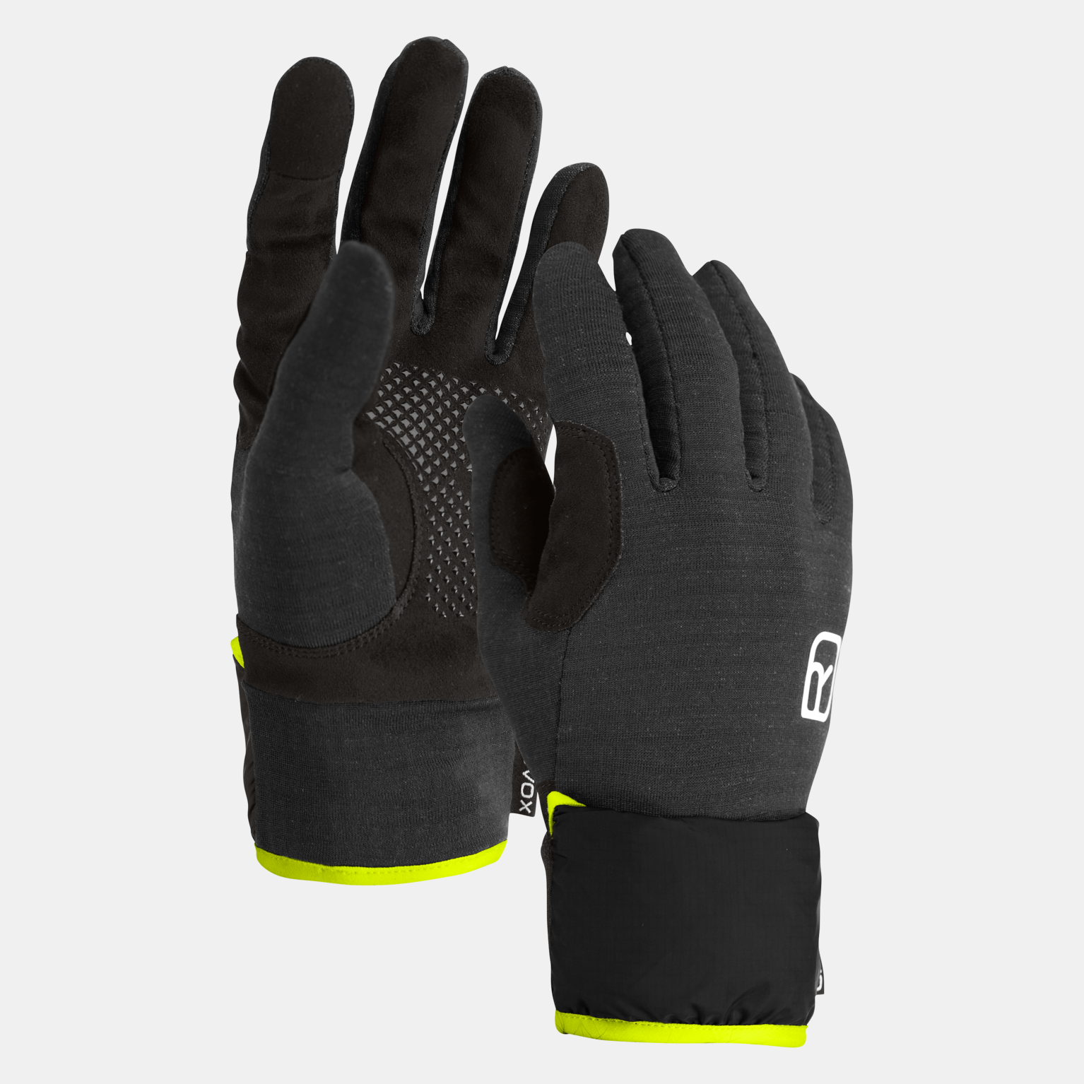 Ortovox Gants en polaire Deux gants noirs Ortovox Fleece Grid Cover, paume avec silicone, ourlet jaune.