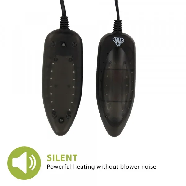 Deux séchoirs à chaussures UV, fiche en haut, forme allongée, trous d'aération visibles, description du produit "Silent".