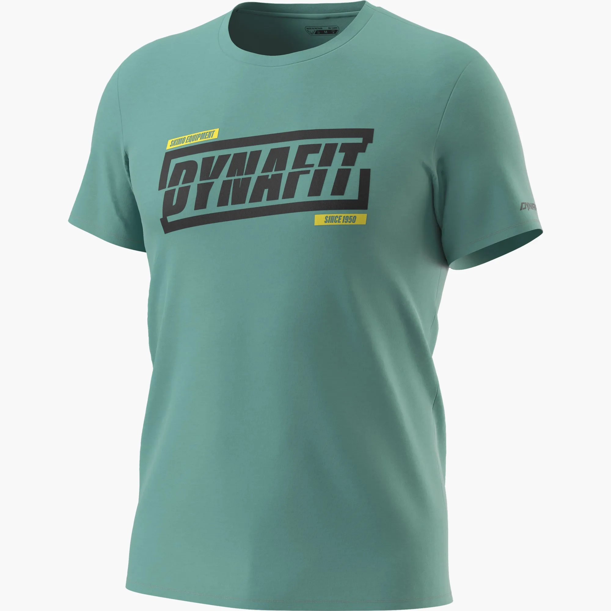 Atlantic-farbenes Dynafit Graphic Cotton T-Shirt mit schwarzem Dynafit Logo und gelben Akzenten.