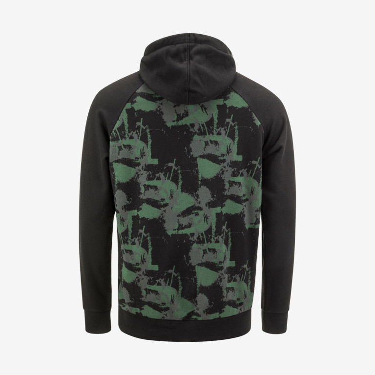 Rückansicht eines schwarzen Race Hoodies für Herren mit grünem Camouflage-Muster am Oberkörper.