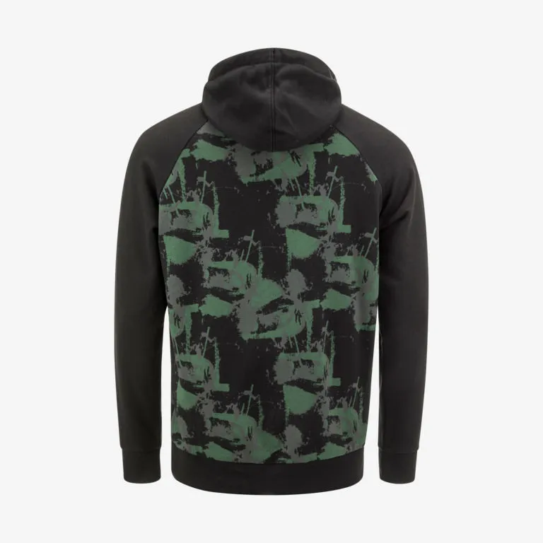 Vue arrière d'un sweat à capuche Race noir pour hommes avec un motif camouflage vert sur le torse.