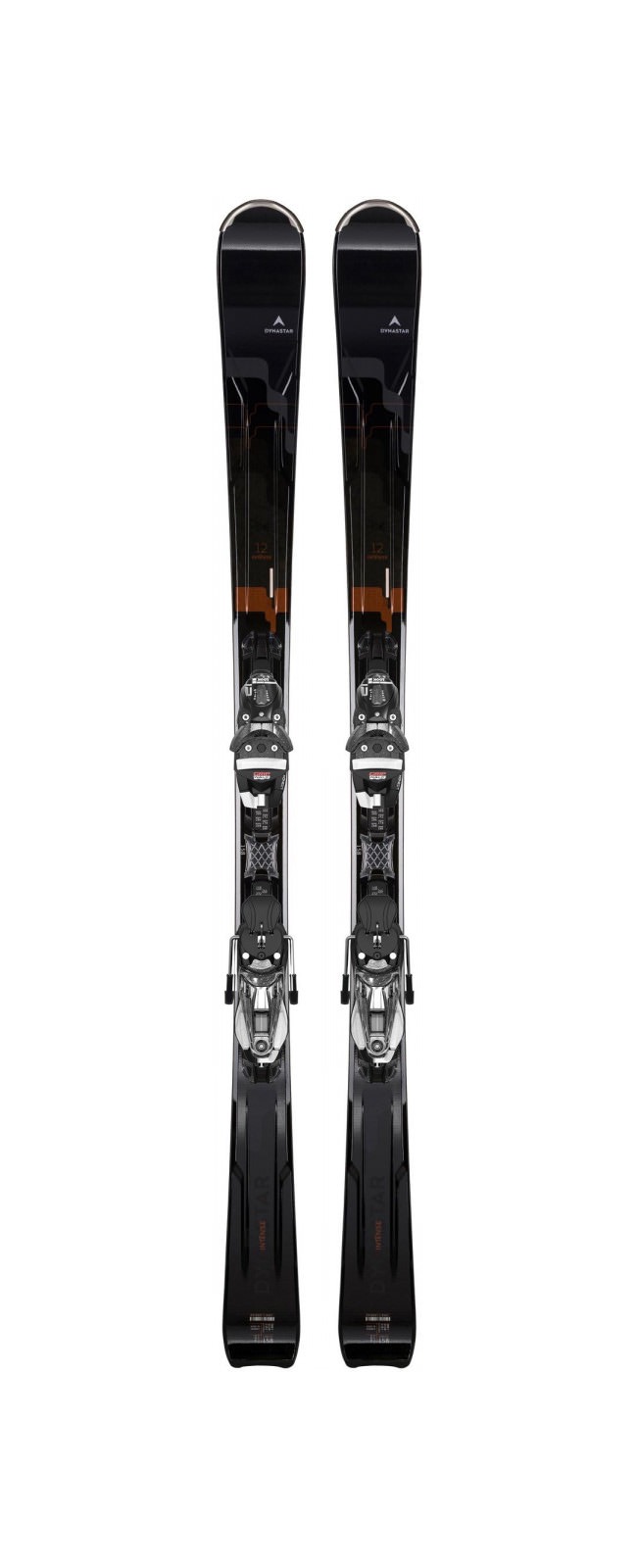Draufsicht auf Dynastar Intense 12 Ski mit montierter Bindung auf weißem Hintergrund.