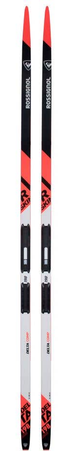 Frontalansicht von zwei Rossignol Ski Delta Comp R-Skin, rot-schwarz-weißes Design.