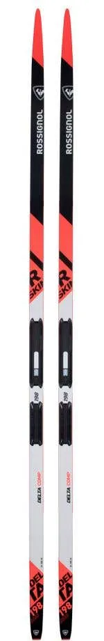 Frontal view of two Rossignol Ski Delta Comp R-Skin, red-black-white design.
