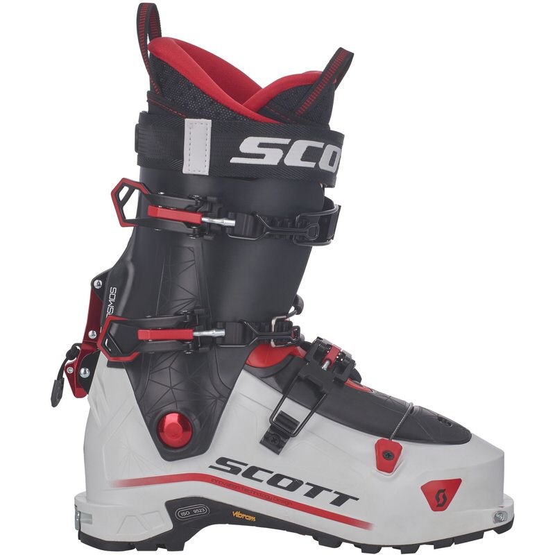 Scott Cosmos Skischuh Weiß-schwarzer Scott Cosmos Tourenskischuh mit roten Akzenten, Seitenansicht.