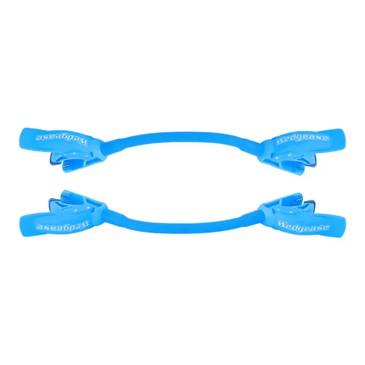 Two blue Wedgease Ski Tip Connectors on a white background. Each has a flexible strap with sturdy clips at both ends. The clips, labeled “Wedgease,” hold ski tips together for beginners.