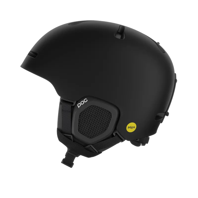 Black ski helmet, side view. The helmet has ear covers, a yellow Mips logo and the POC logo. The background is white.