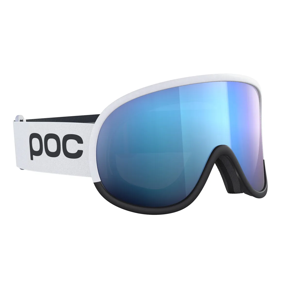 Occhiali da sci POC Retina Race WF bianchi con lente Clarity blu e montatura nera, vista laterale.