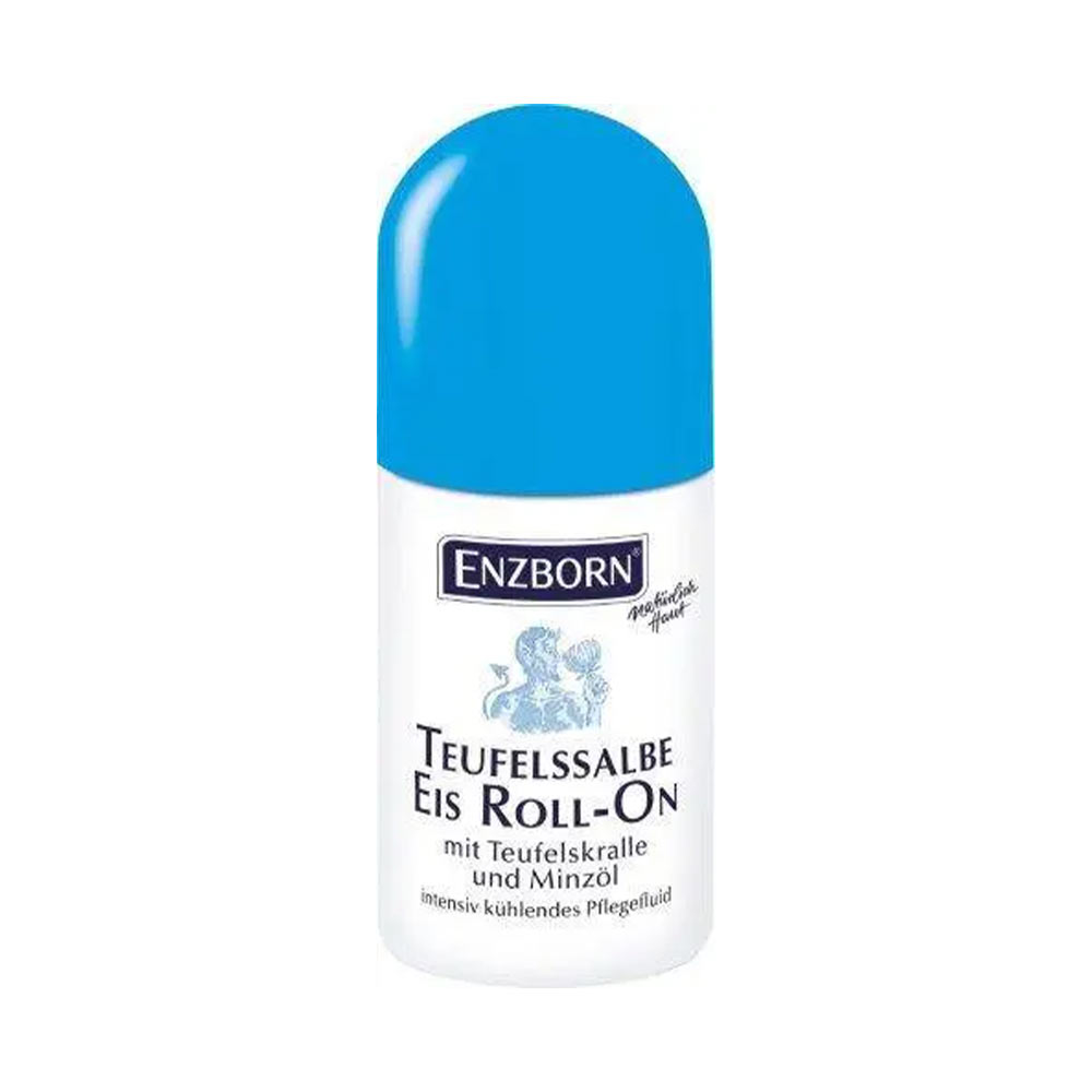 Weißer Roll-On mit blauem Deckel, beschriftet mit "Teufelssalbe Kalt Roll-On" und Markennamen.

