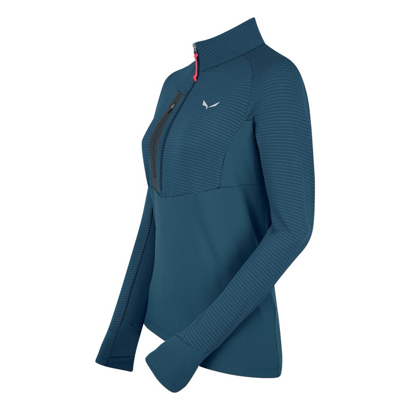 Marineblau-schwarzes Damen-Fleece mit halbem Reißverschluss und Stehkragen, Ärmel mit Daumenschlaufen.