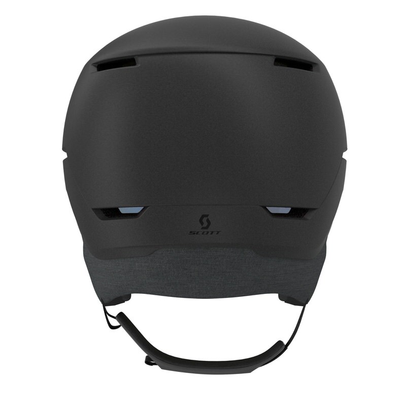 Casque de ski noir, vue arrière Vue arrière d'un casque de ski noir Scott Blend Plus LS avec ouvertures d'aération et réglage de la taille.
