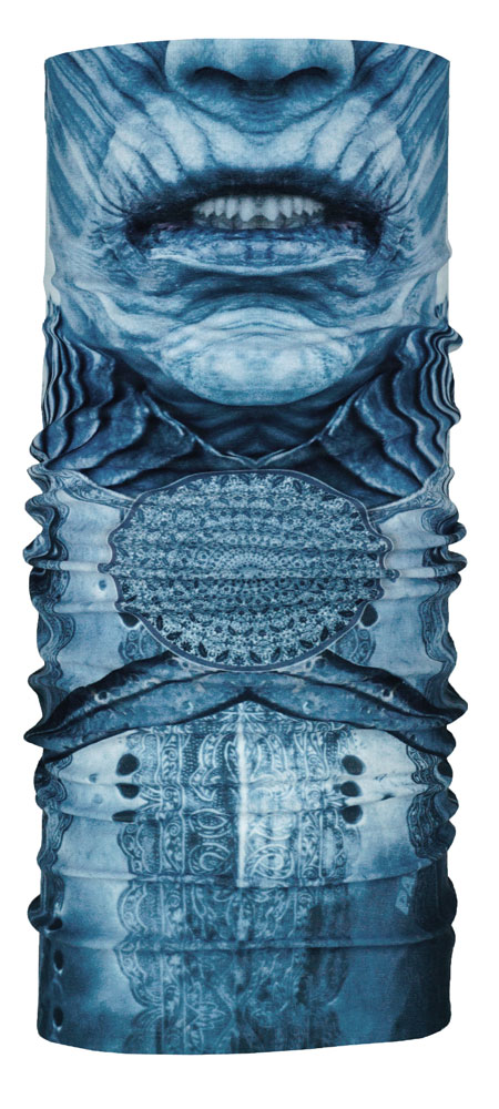 P.A.C. Pirut Facemask: Schlauchtuch mit blauem Fantasiegesicht und Ornamenten.