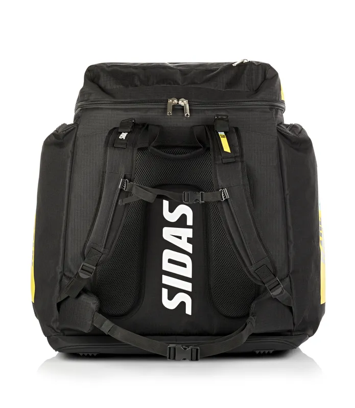 Schwarze Sidas Race Boot Bag (90L) von hinten, mit Tragegurten und großem "SIDAS" Schriftzug.