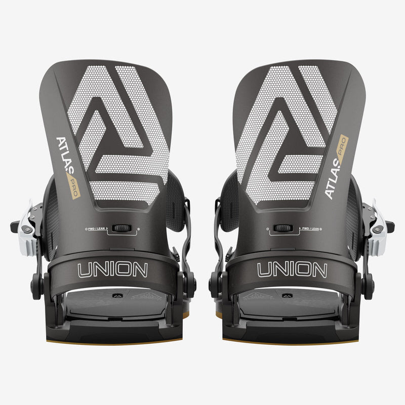 Union Atlas Pro Bindungen Zwei Union Atlas Pro Snowboard Bindungen in Metallic Black, Frontansicht mit grafischem Highback.