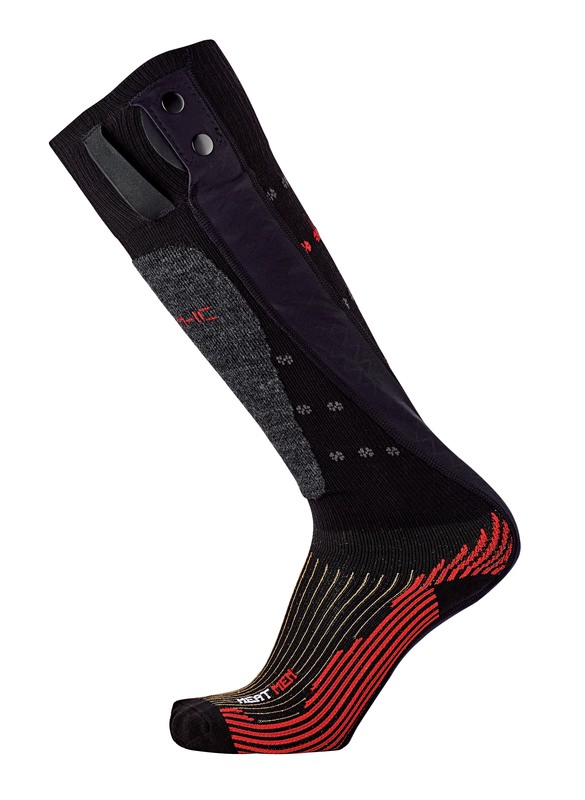 Wärmesocke Therm-ic Men V2 Eine Therm-ic Powersock Heat Men V2 Skisocke, hochgezogen, mit Batteriefach, schwarz, grau und roten Details.