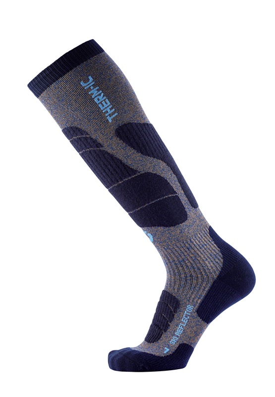 Blaue Therm-ic Ski Merino Reflector Herren Skisocke, kniehoch, mit grauen Akzenten und Schriftzug.