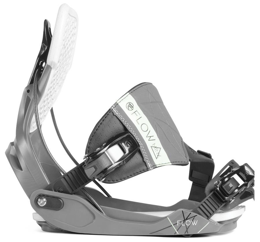 Nahaufnahme einer grauen Flow Minx Snowboardbindung mit weißer Polsterung.
