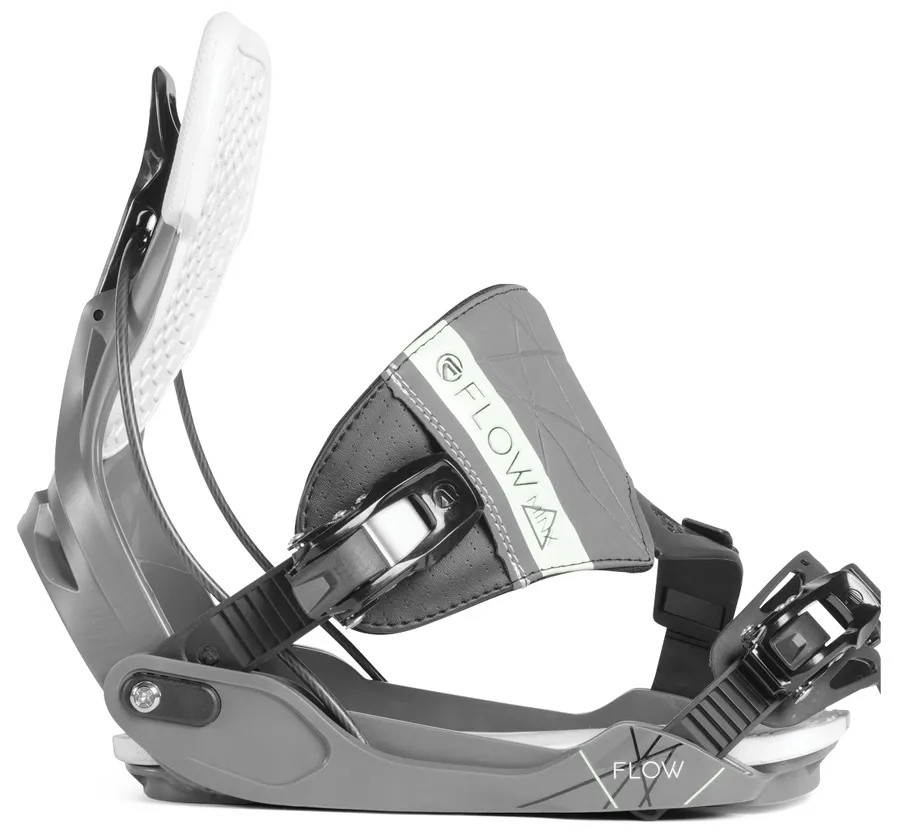 Nahaufnahme einer grauen Flow Minx Snowboardbindung mit weißer Polsterung.