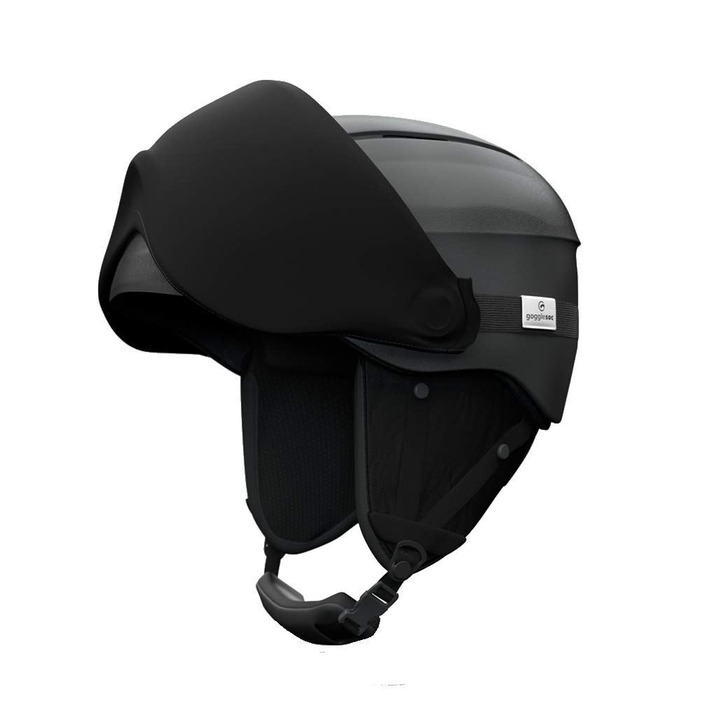 Schwarzer Skihelm mit Visier-Schutz über den Augen und Kinnriemen.