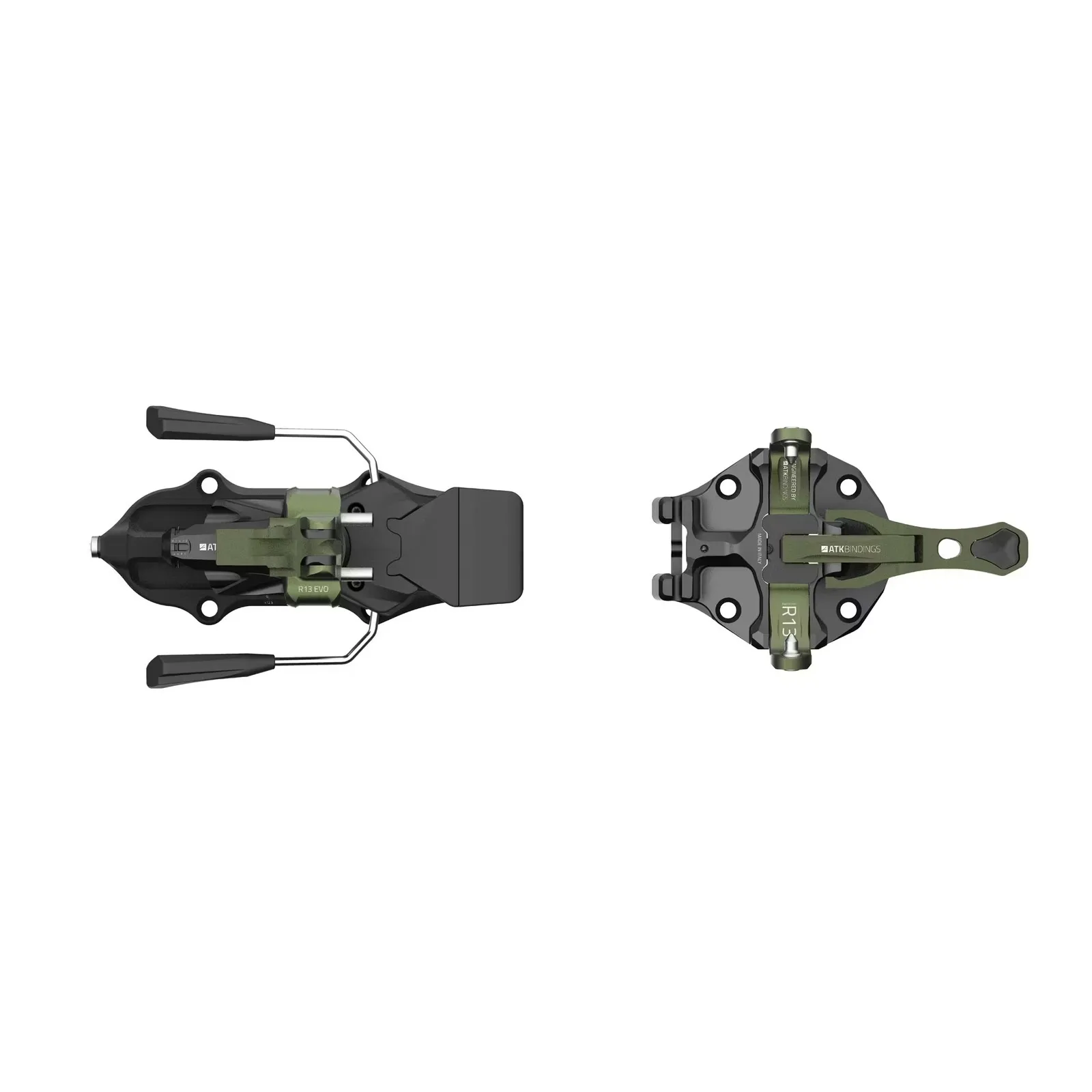 Zwei ATK Freerider 13 EVO Tourenbindungen, Vorder- und Hinterteil, von oben auf weißem Grund.