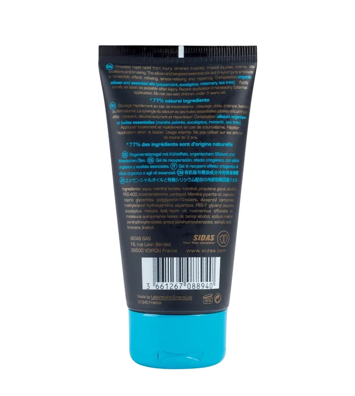Tube Sidas Recovery Cryo Gel mit Inhaltsstoffen und Anwendungshinweisen. Blauer Deckel.