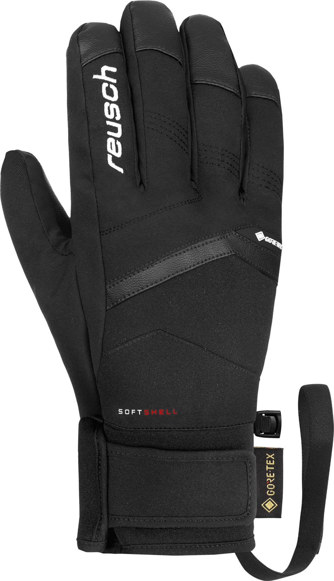 Schwarzer Reusch Blaster GTX Handschuh, Frontansicht, mit Markenlogo und Gore-Tex-Details am Handgelenk.