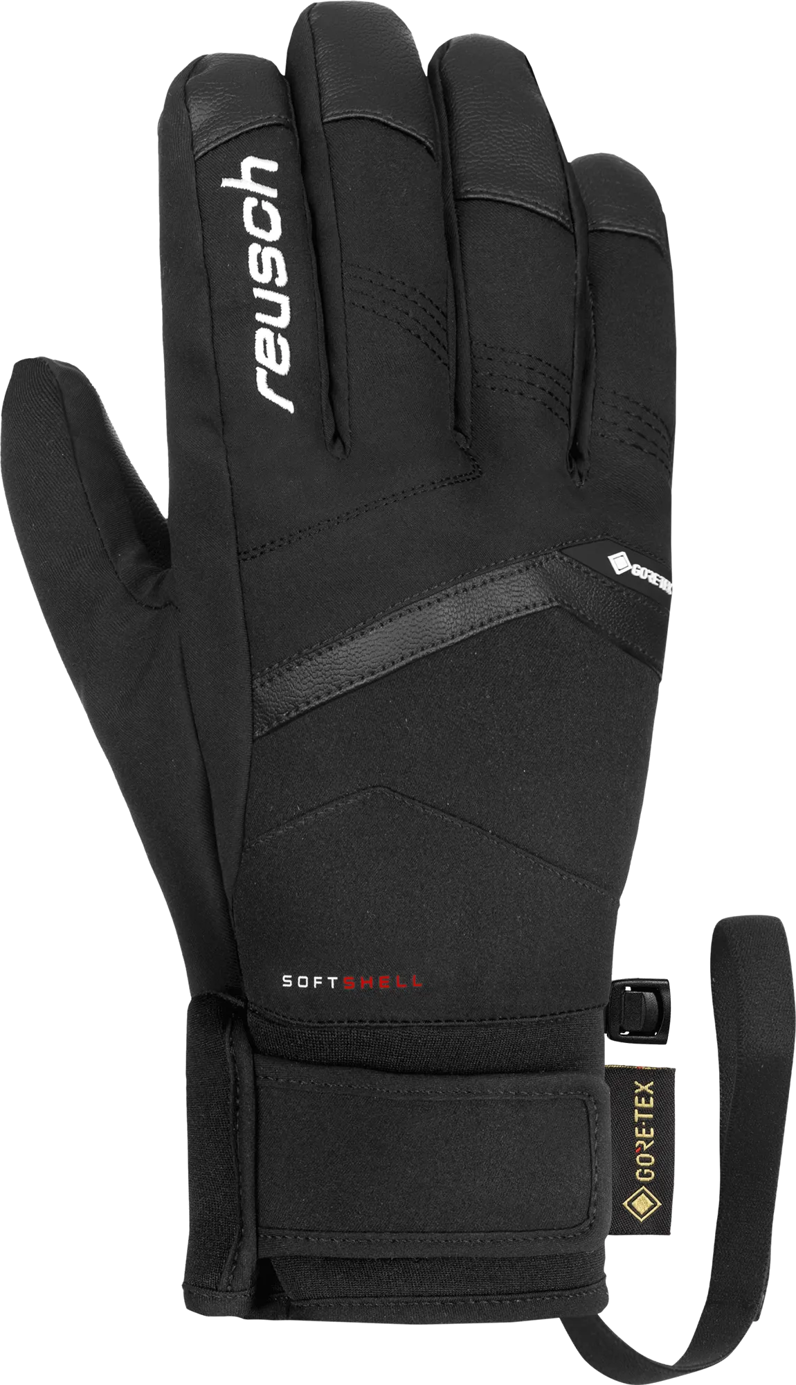 Schwarzer Reusch Blaster GTX Handschuh, Frontansicht, mit Markenlogo und Gore-Tex-Details am Handgelenk.