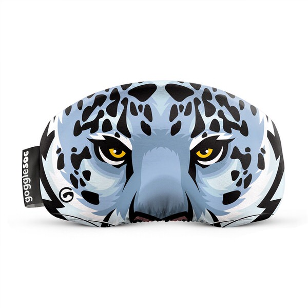 Housse de protection pour lunettes de ski / snowboard avec motif léopard des neiges. Yeux jaunes, pelage bleu-gris avec des taches noires.
