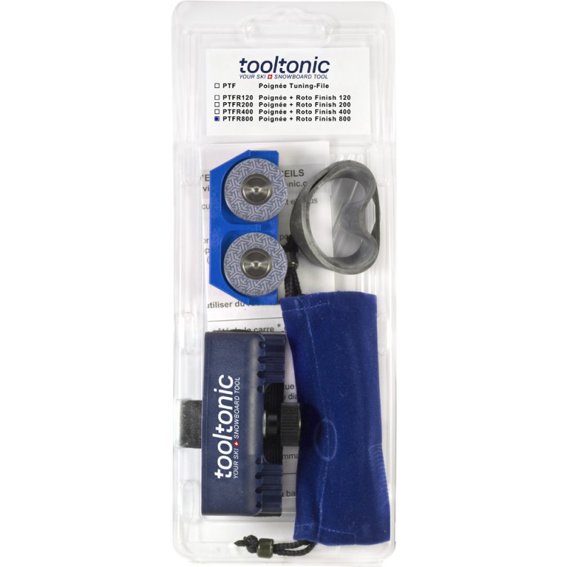 Verpacktes Tooltonic Roto Finish Set RF800 mit Griff, Schleifscheiben, Staubbeutel und Anleitung.