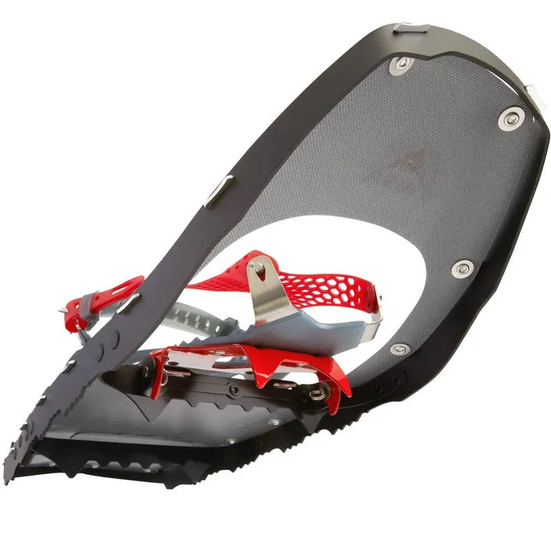 Schneeschuh MSR Lightning Ascent M30, schwarzer Rahmen mit roter Bindung, seitliche Ansicht, diagonale Ausrichtung.
