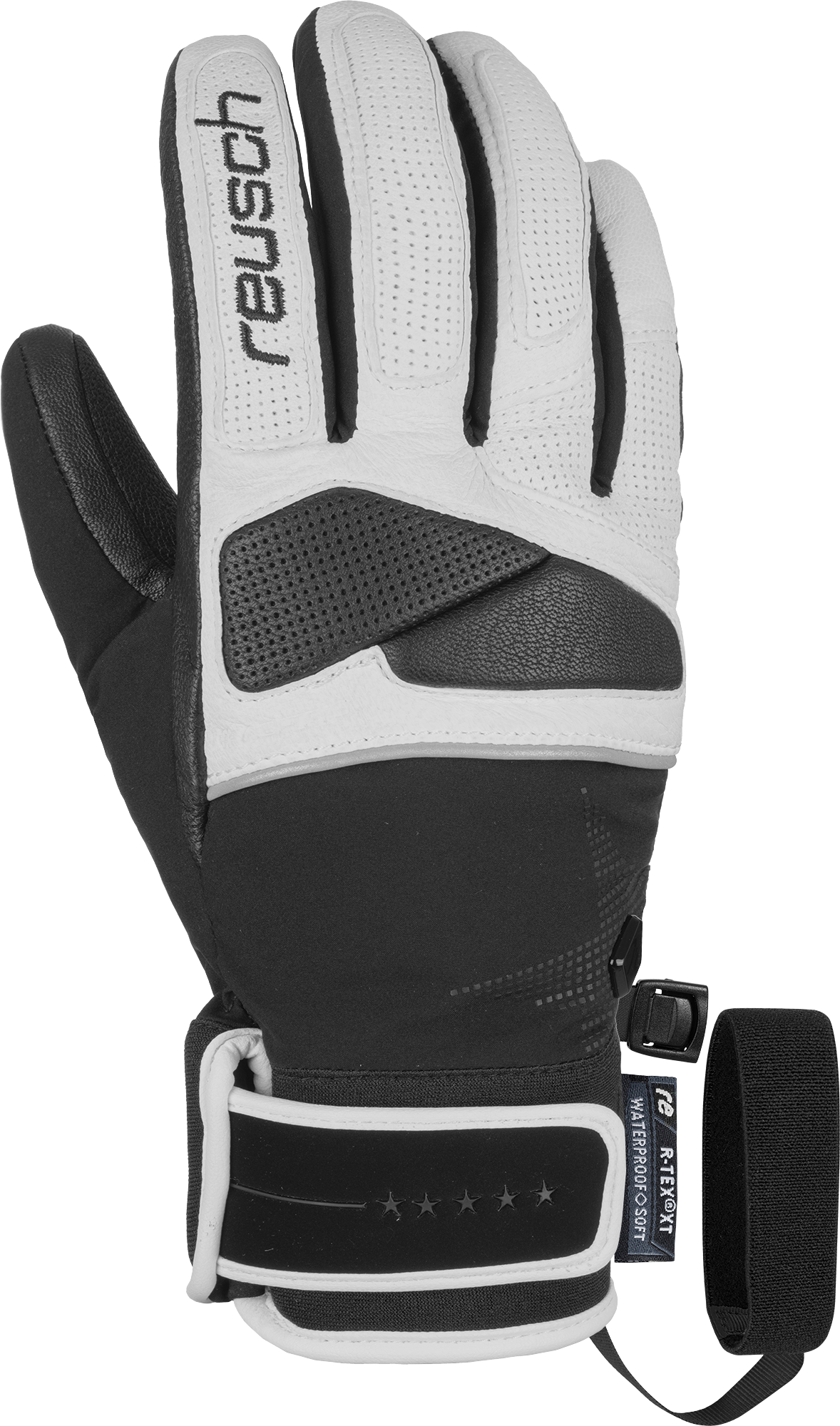 Nahaufnahme von Reusch Mikaela Shiffrin R-TEX Ski-Handschuh in Schwarz und Weiß, Handfläche nach oben.