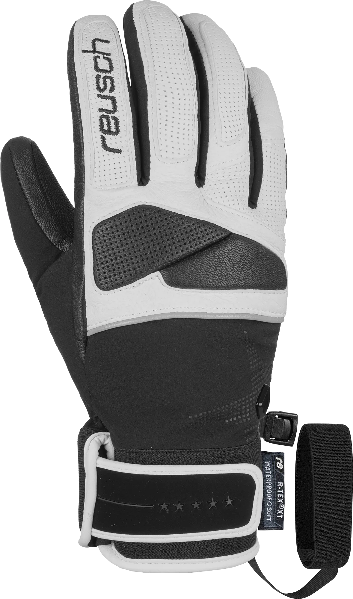 Nahaufnahme von Reusch Mikaela Shiffrin R-TEX Ski-Handschuh in Schwarz und Weiß, Handfläche nach oben.