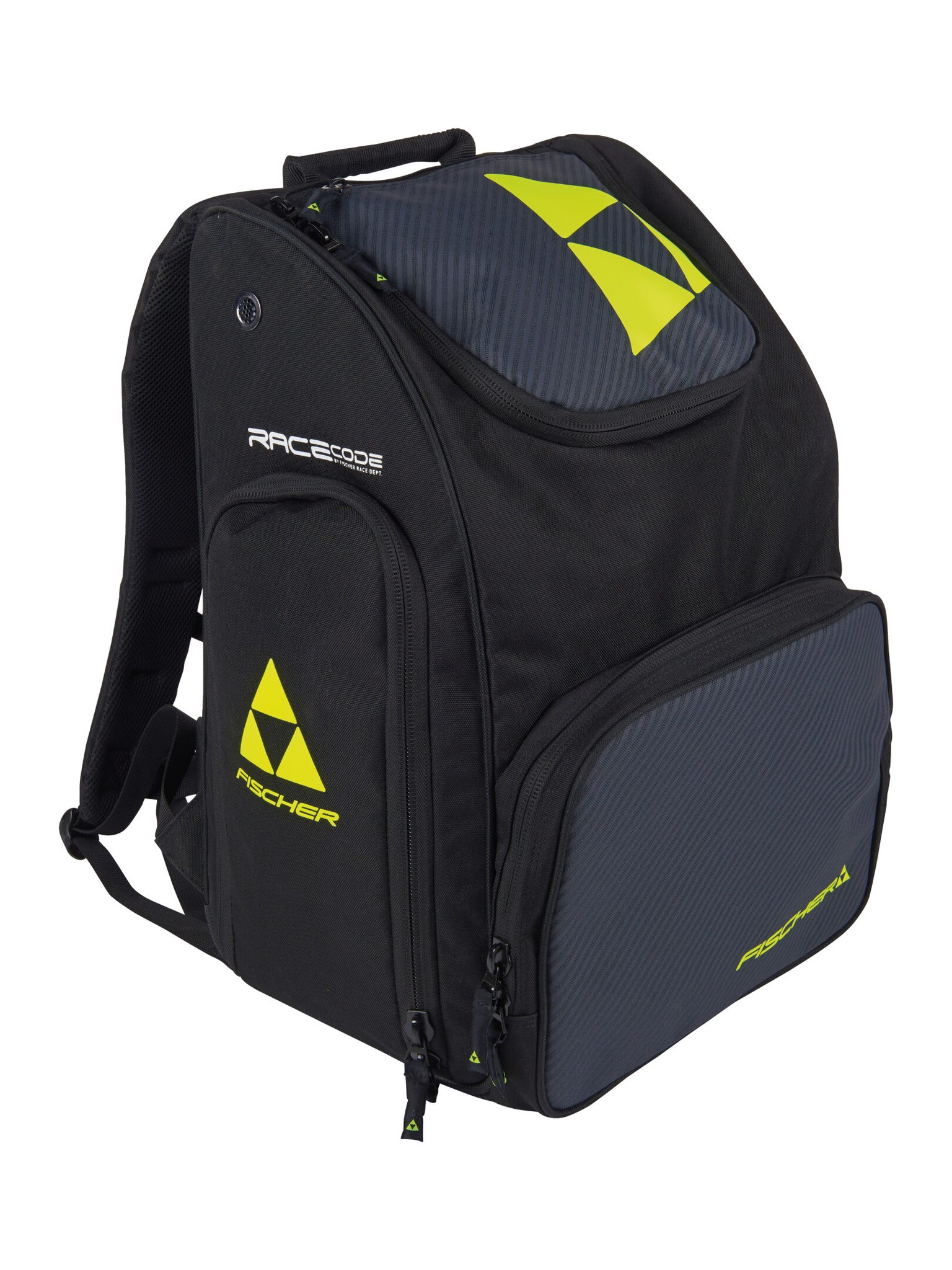 Schwarzer Fischer Backpack Race 55L mit gelben Logos, Frontfach und seitlicher Lademöglichkeit, seitlich platziert.