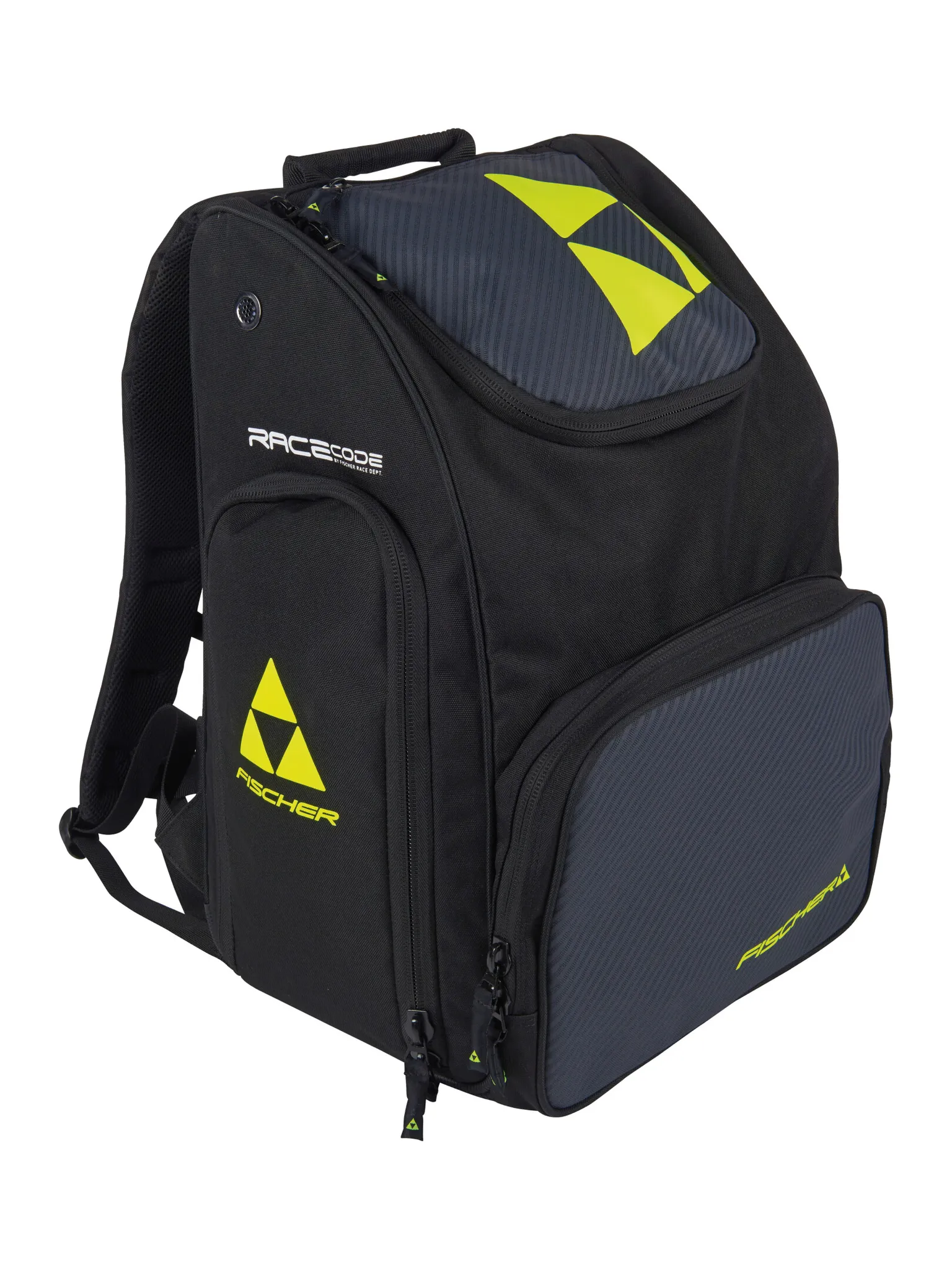 Schwarzer Fischer Backpack Race 55L mit gelben Logos, Frontfach und seitlicher Lademöglichkeit, seitlich platziert.
