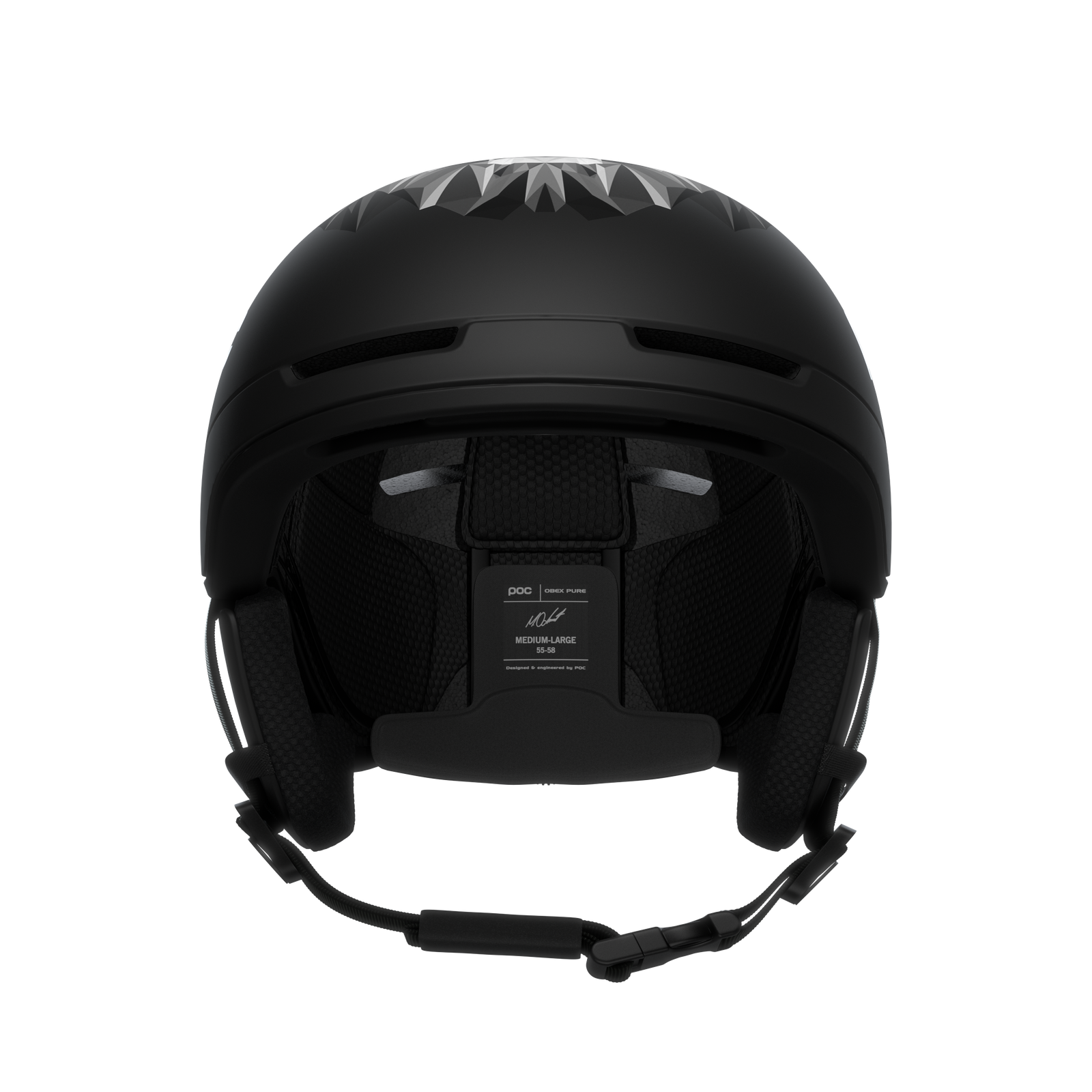 Casco da sci Obex Pure nero Casco da sci POC Obex Pure Odermatt Edition nero dalla parte anteriore, con motivo a leone argentato sulla parte superiore e informazioni sulla taglia all'interno.