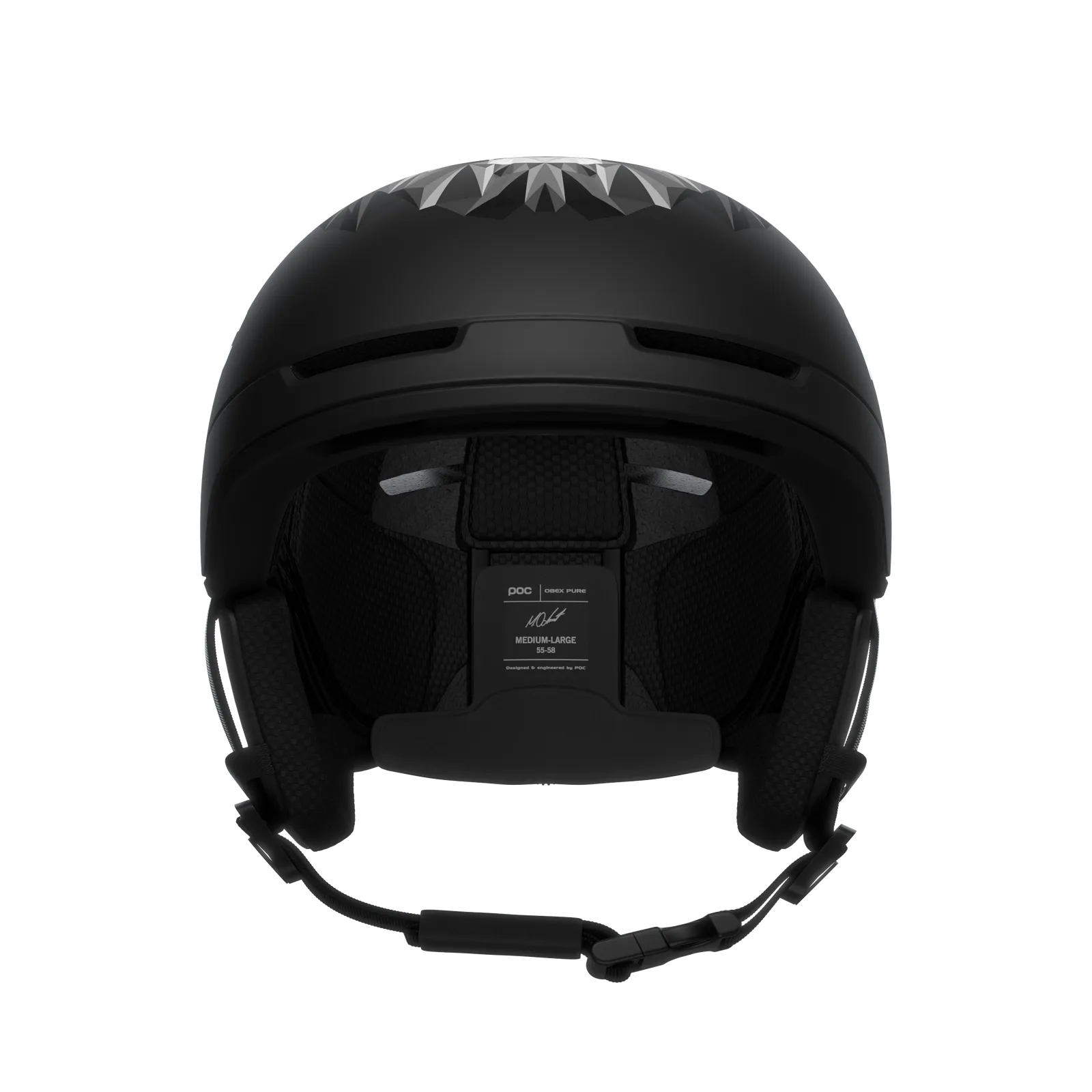 Casque de ski POC Obex Pure Odermatt Edition noir de face, avec un motif de lion argenté sur le dessus et l'indication de la taille à l'intérieur.