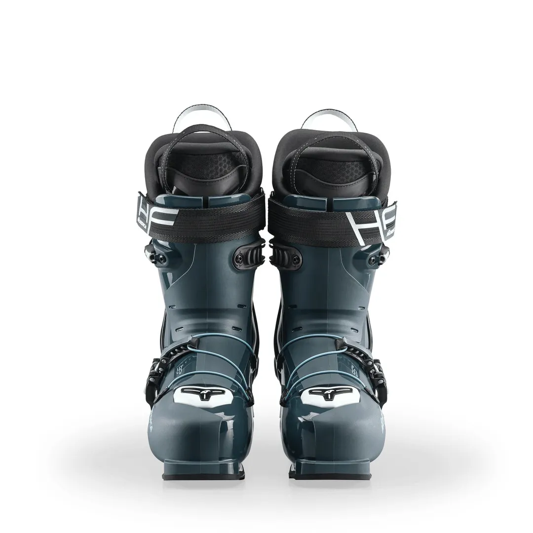 Front view: Dark gray Nordica HF Pro 95 W GW ski boots, buckles, white logo.