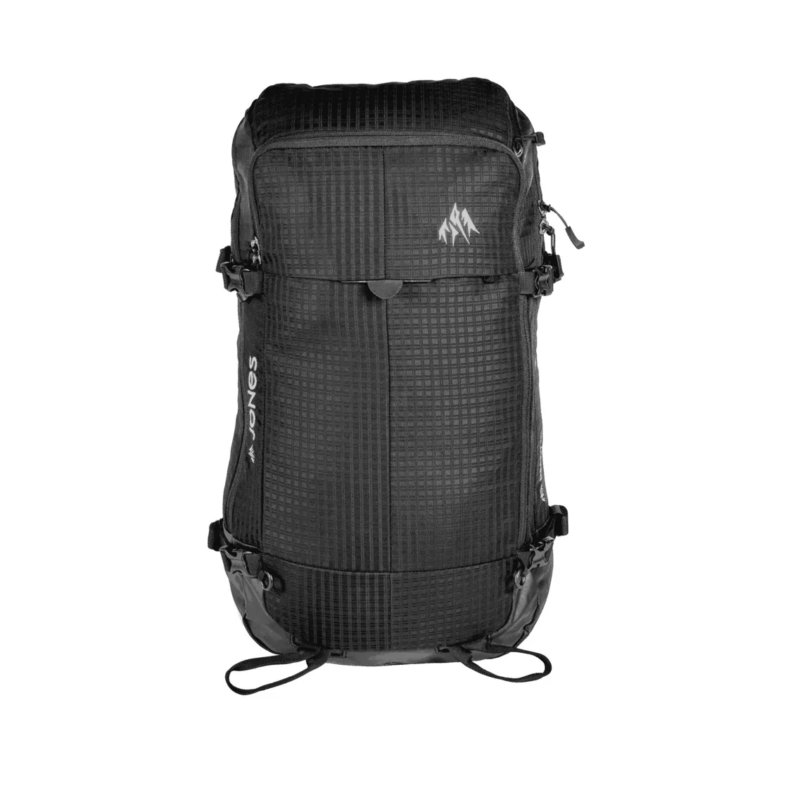 Zaino Jones DSCNT 25L nero, vista frontale, con design minimalista e logo Jones.