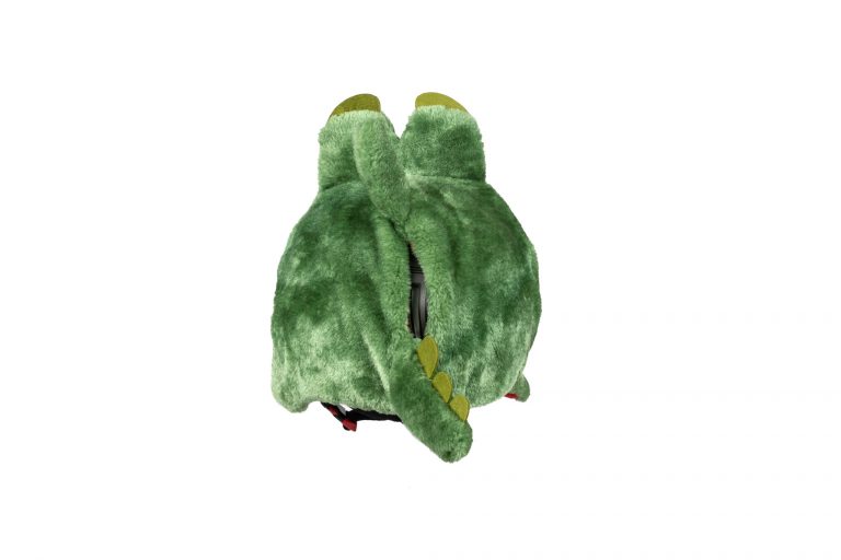 Krokodil Optik Helmbezug Grüner Hoxyheads Helmberzug in Krokodil Optik, von hinten. Der Bezug hat kleine Hörner und einen Schwanz mit Zacken.