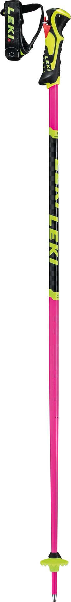 Pinkfarbener Leki WCR TBS SL 3D Skistock mit gelbem Griff, Schlaufe und Teller, Marke Leki in gelb-schwarzer Schrift.