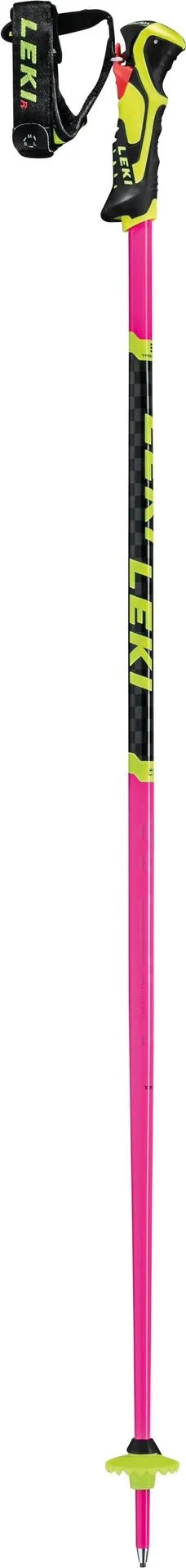Bâton de ski rose Leki WCR TBS SL 3D avec poignée, dragonne et rondelle jaunes, marque Leki en lettres jaunes et noires.