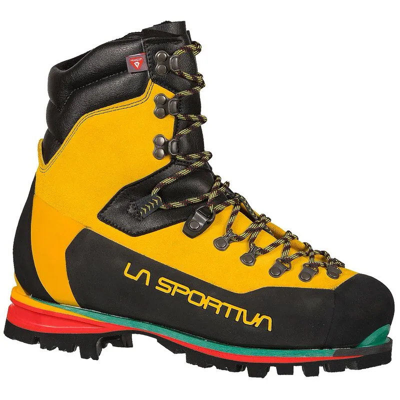 Yellow-black La Sportiva Nepal Extreme mountaineering boot with lacing and multicolored sole.