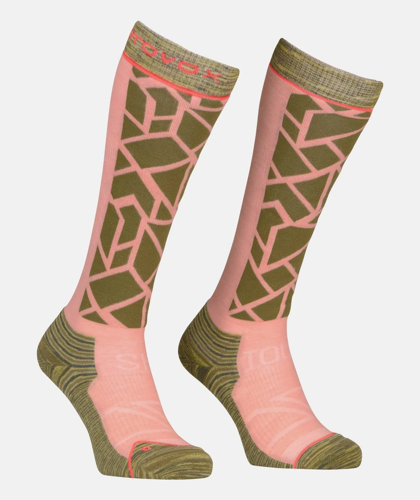 Two long, pink ski tour socks with a geometric pattern in olive green are set against a white background.