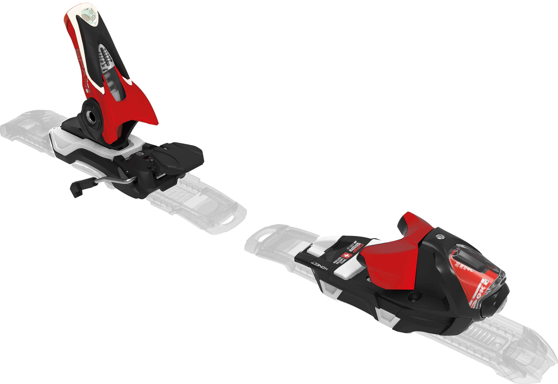 Rote und schwarze SPX 12 Konect Ski-Bindung mit GripWalk-Kompatibilität, montiert auf durchsichtiger Platte.