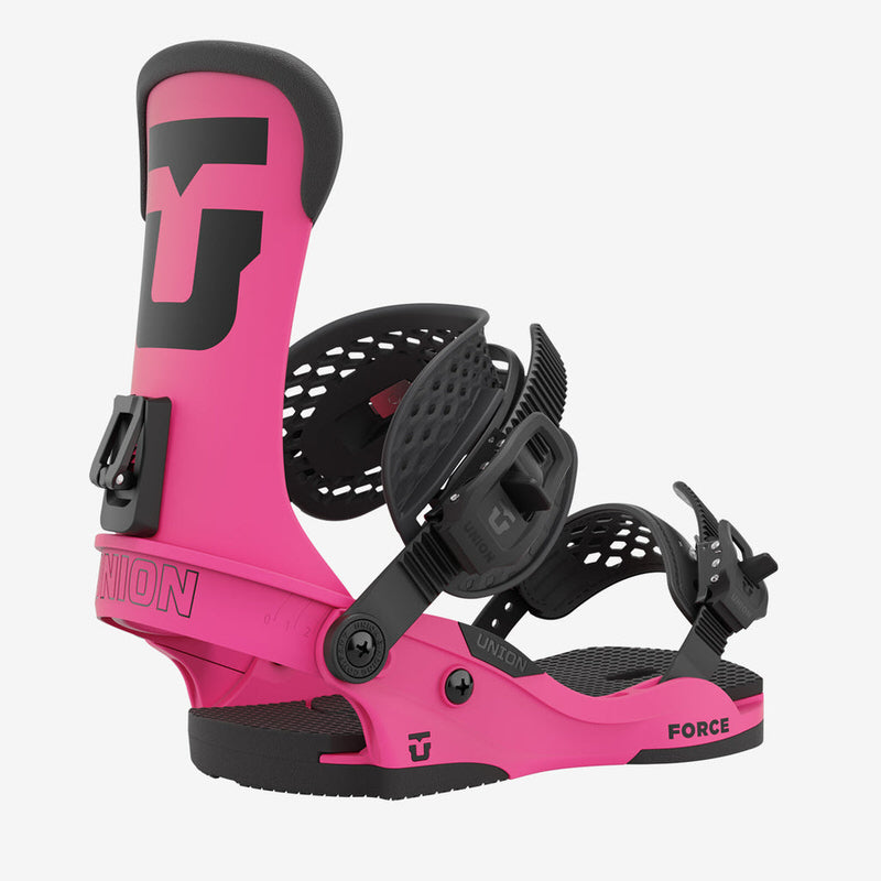 Hot Pink Snowboardbindung Union Force, seitliche Ansicht, schwarze Akzente und Logos.