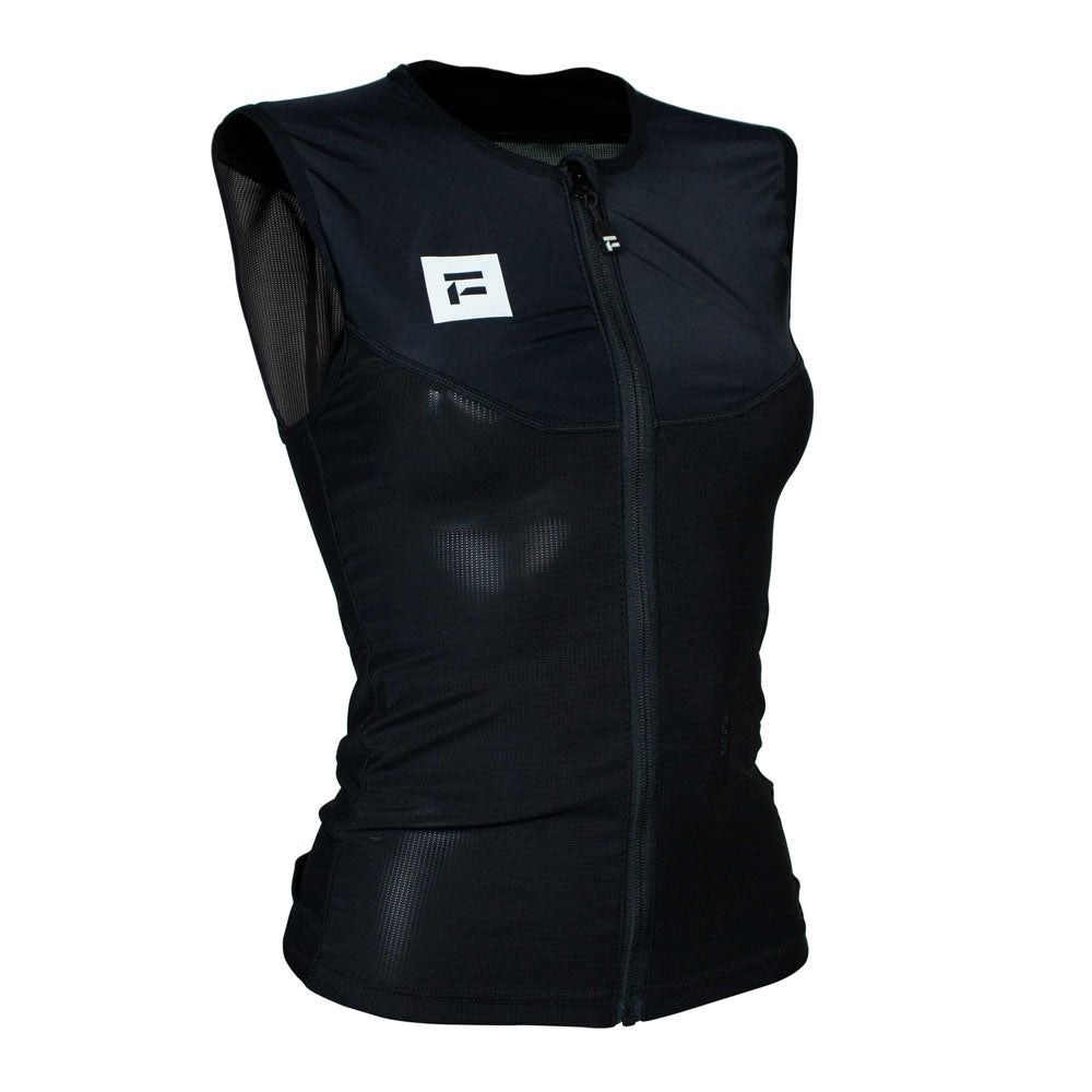 Schwarze, ärmellose Damen-Sportweste mit Reißverschluss und Logo.