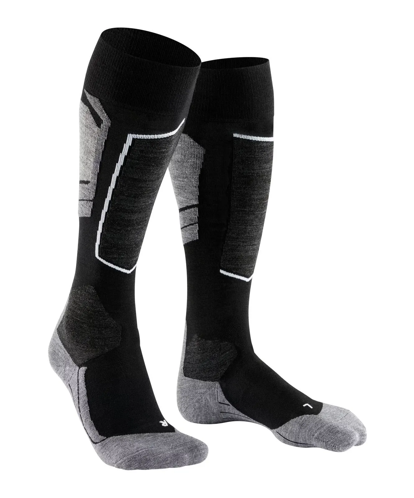 Chaussettes noires montantes jusqu'aux genoux, touches de gris et détails blancs, pour sports comme le ski. Renforts talon/orteils, rembourrage anatomique tibia/mollet pour confort et protection. R/L semelle.