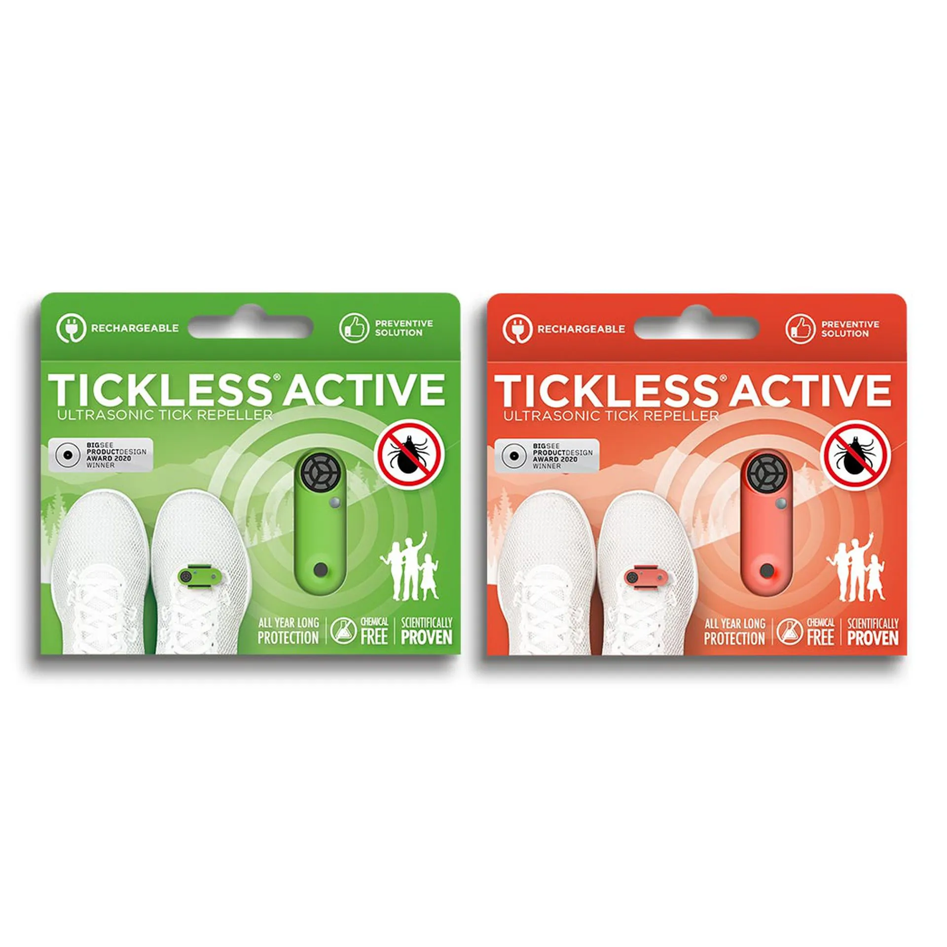 Confezione verde e rossa del repellente per zecche Tickless Active davanti a scarpe sportive bianche.