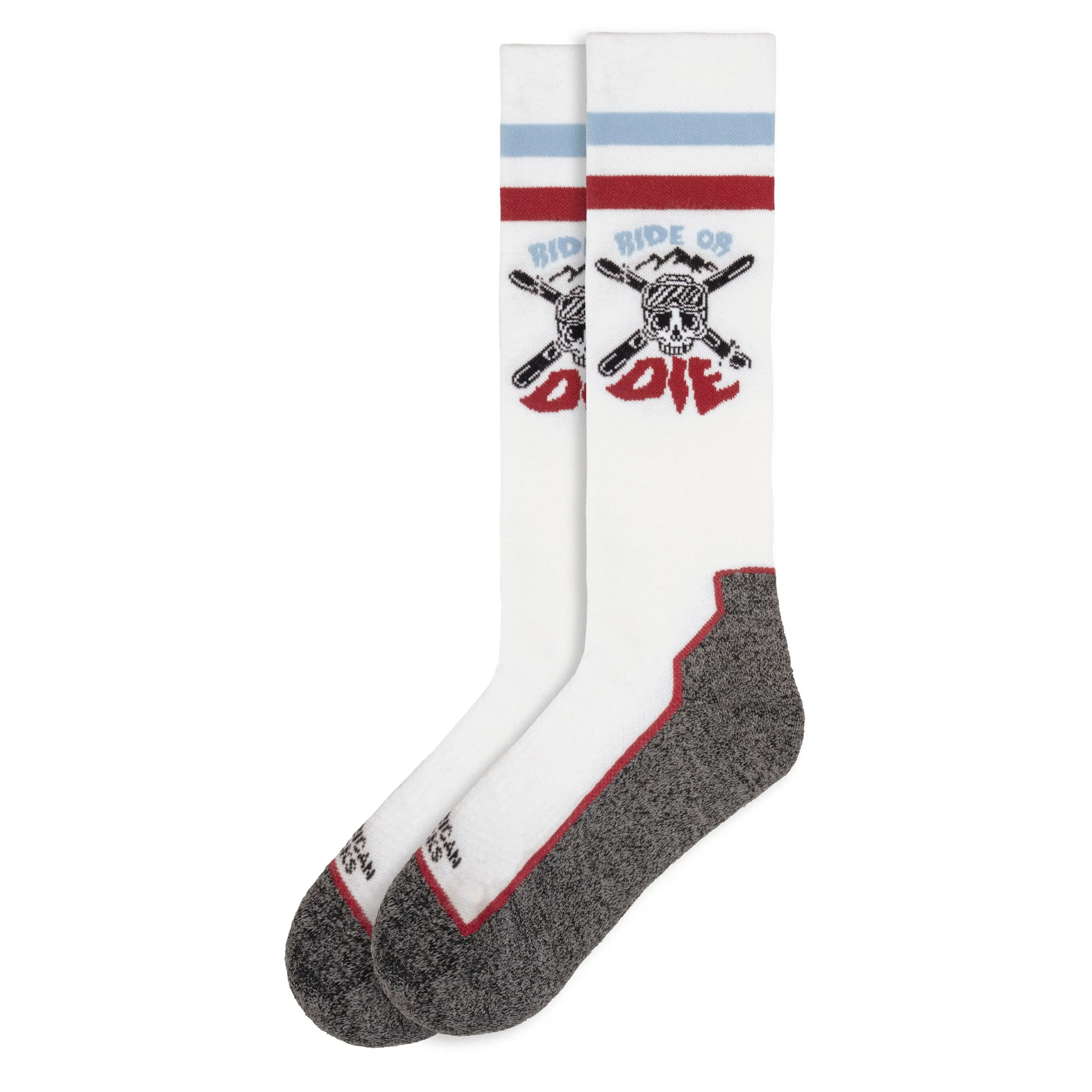 A pair of knee-high, white snow socks with 'Ride or Die' print, colored stripes and grey foot area.