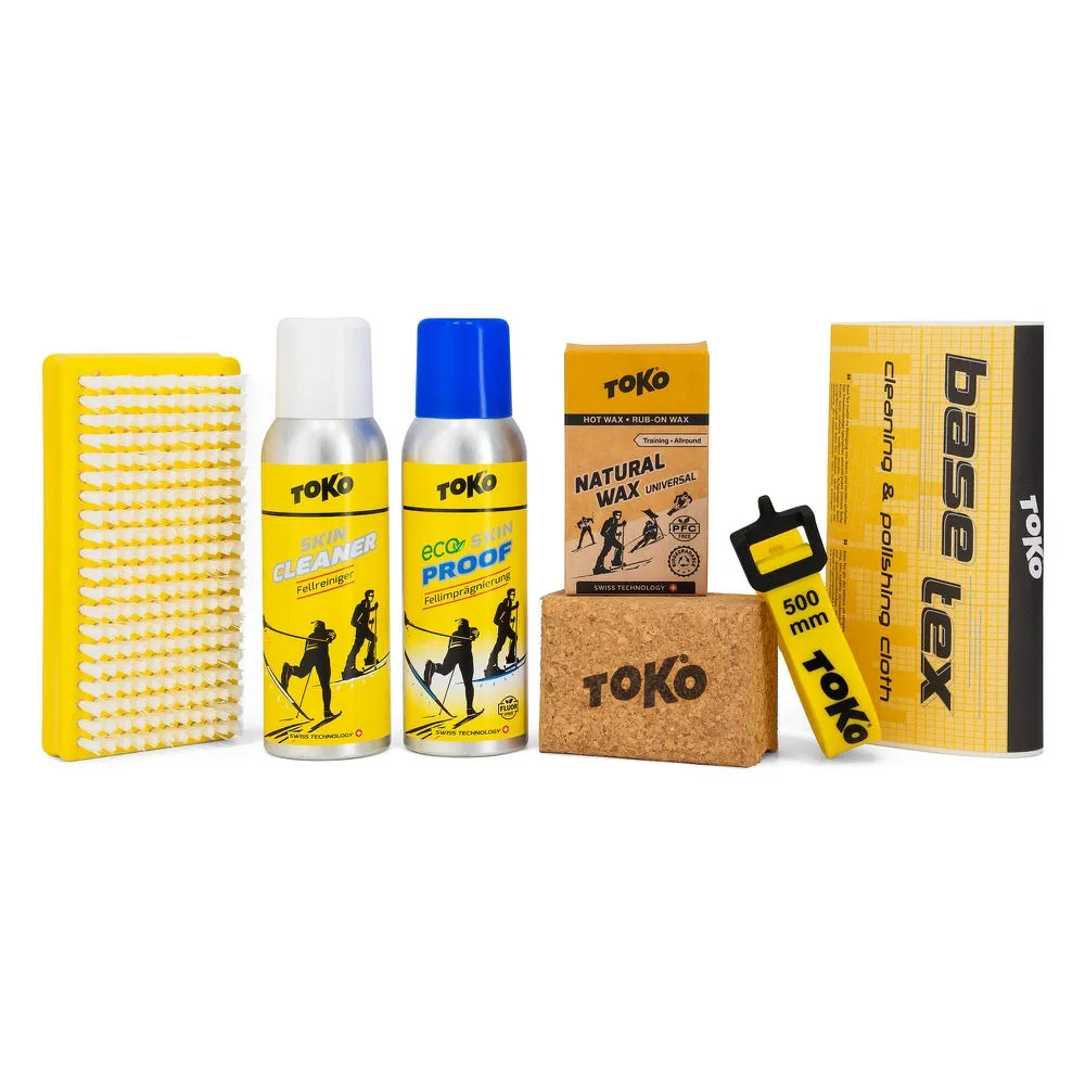 Product set for ski touring: cleaner, waterproofing, natural wax, Thermo Cork, brush, Base Tex, Express Strap.